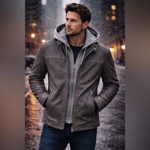 Milestone MSRaymond Grey Distressed Leather Jacket Removable Hoodie large NWT